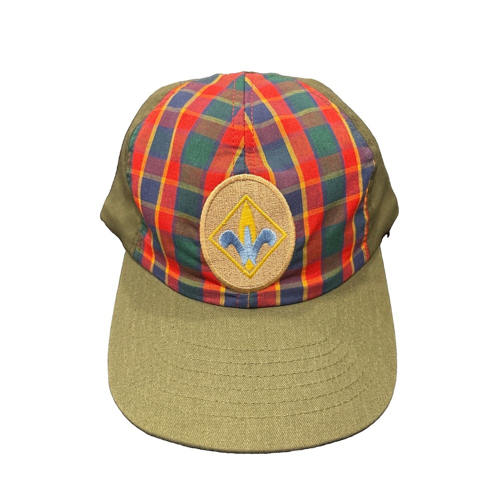 Boy Scouts Plaid Uniform Cap Green with Fleur-de-lis Emblem Unisex M/L